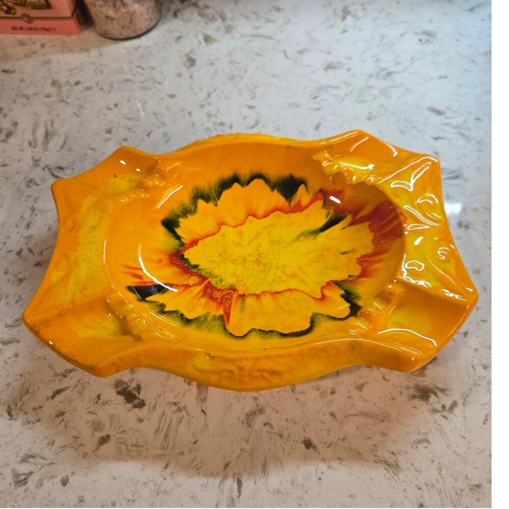 Vintage California Originals Ashtray 123 Orange Yellow Drip Glaze MCM Leaf
